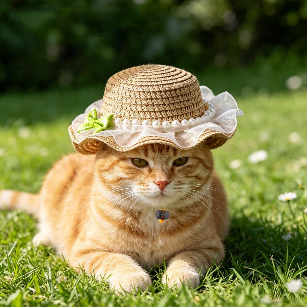Straw Hat Summer - Sombrero para Mascotas Ajustable, Sombrero de