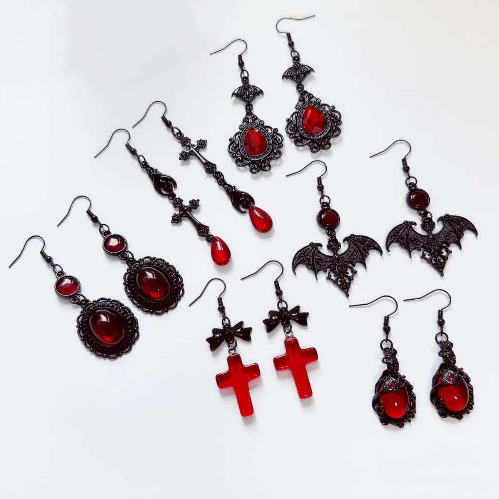 Women'S Fashion Renaissance Period - Pendientes Colgantes de Cristal Rojo Oscuro