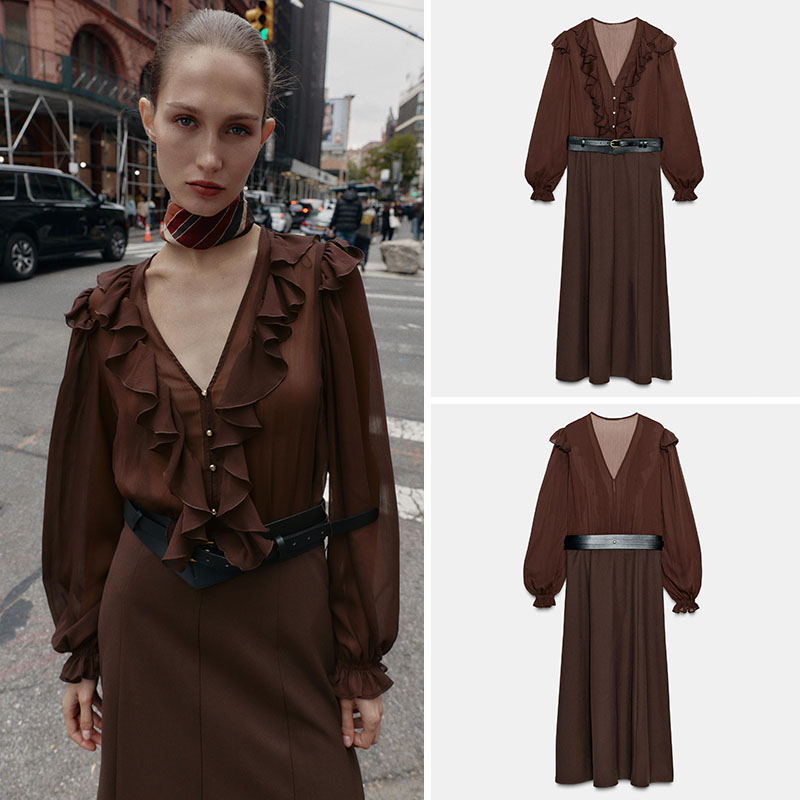 Women'S Young Fashion - Elegante Vestido Midi de Manga Larga
